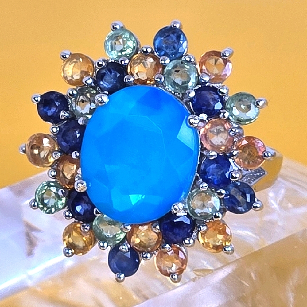 925 Sterling Silver Ring Sz 6.75 with Natural Blue Opal & Multi-Color Sapphire